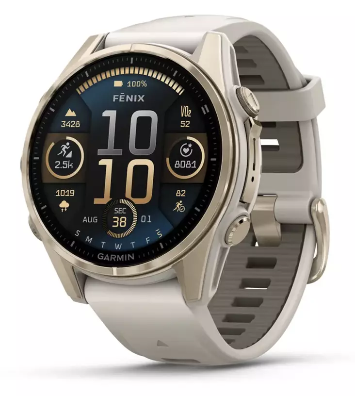 Garmin Fenix 8 - 43 mm AMOLED Sapphire Soft Gold with Fog Gray/Dark Sandstone Silicone Band - Kellot ja GPS - 010-02903-11 - 1